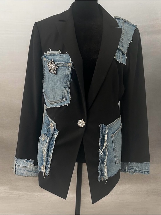 Jahar Collections Jackets & Blazers - Black Blazer with Denim Patchwork and Crystal Brooches